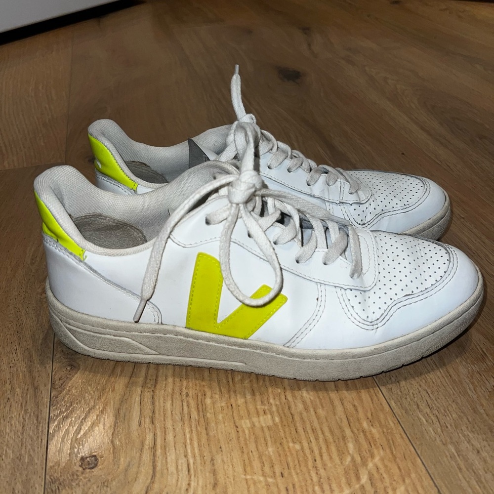 White Veja Sneakers with Neon Green Yellow Accents